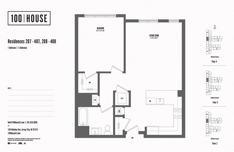 Floor plan for 1 bed, 1 bath, 837 sqft